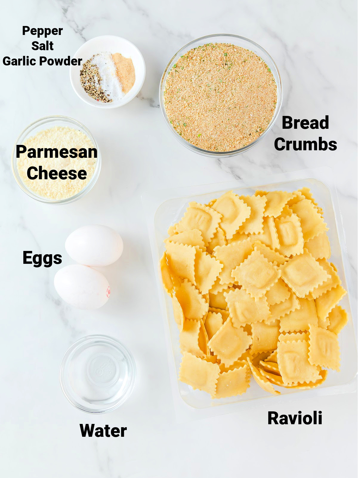 Bread crumbs, seasonings, Parmesan cheese, eggs, water, and fresh ravioli.