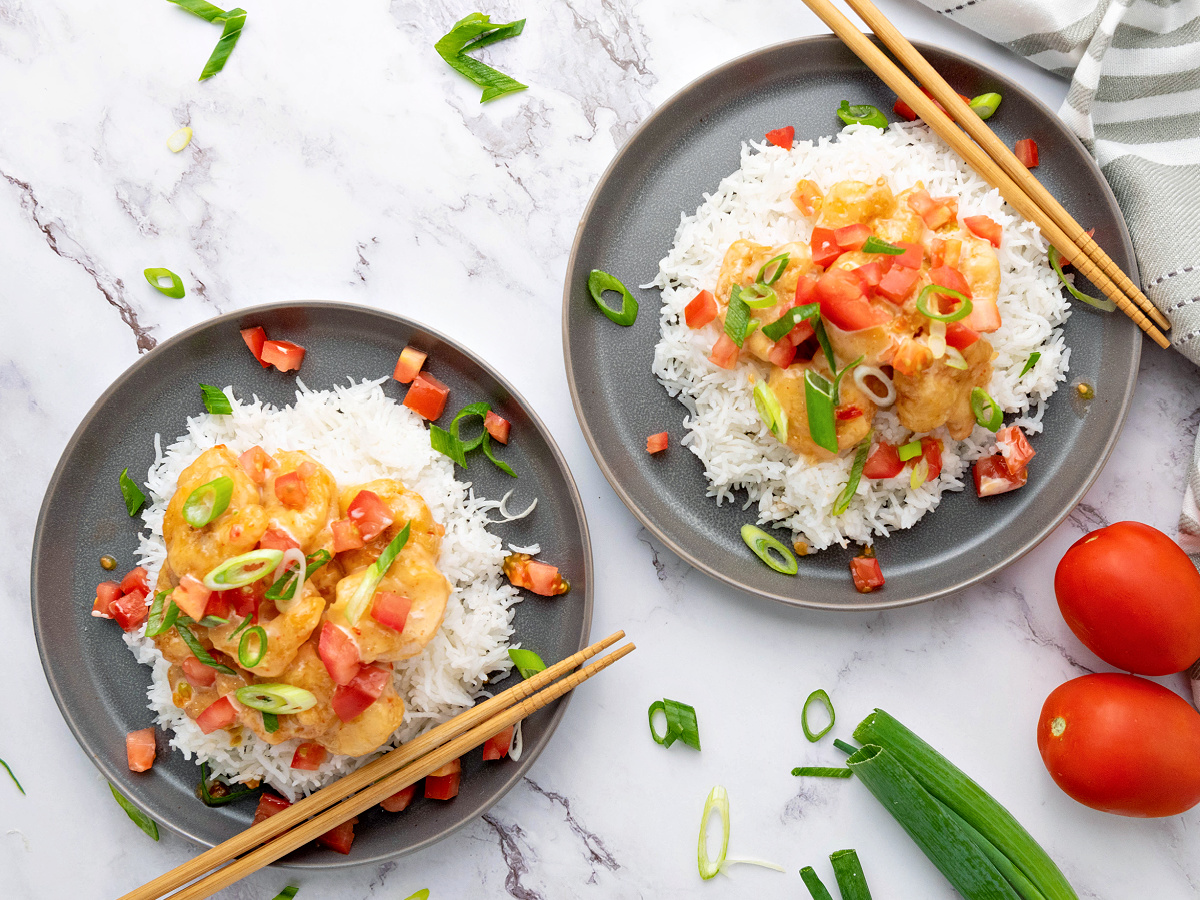 Two plates of bang bang shrimp.