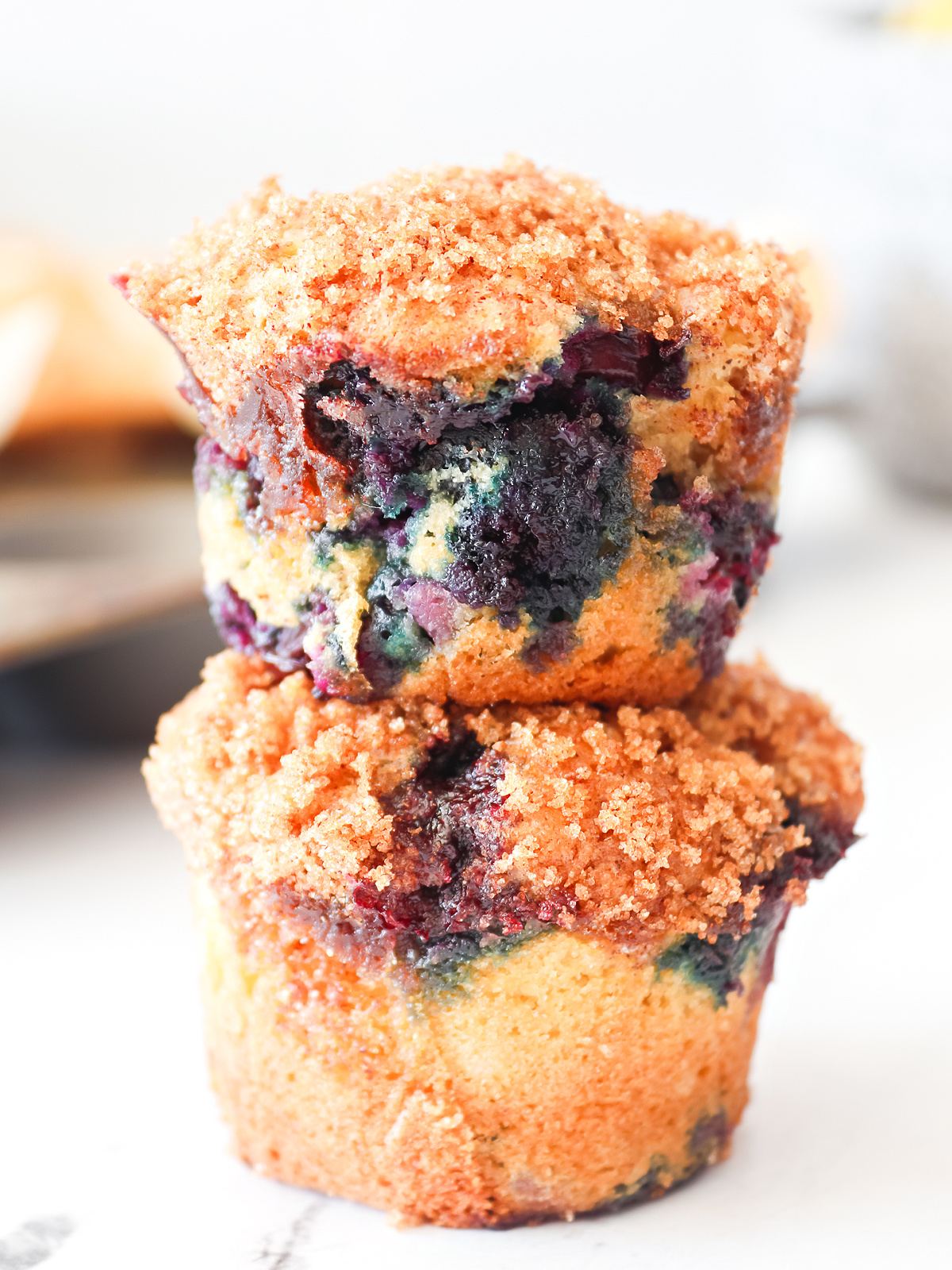 Stack of blueberry muffins.