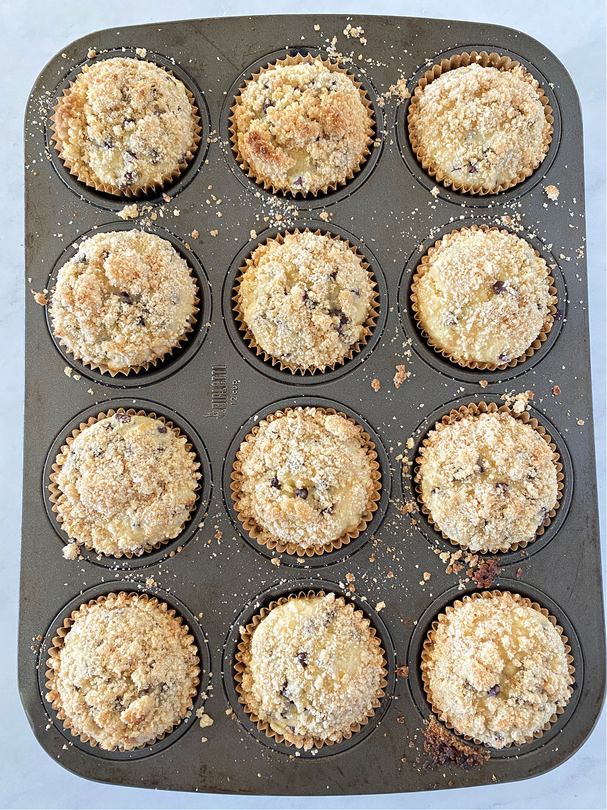 Chocolate chip muffins in a muffin tin.