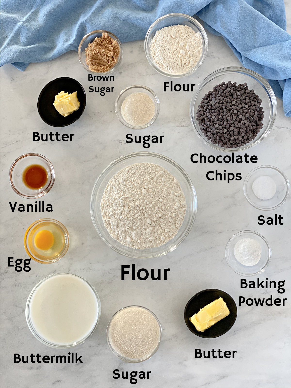 Ingredients to make chocolate chip muffins.