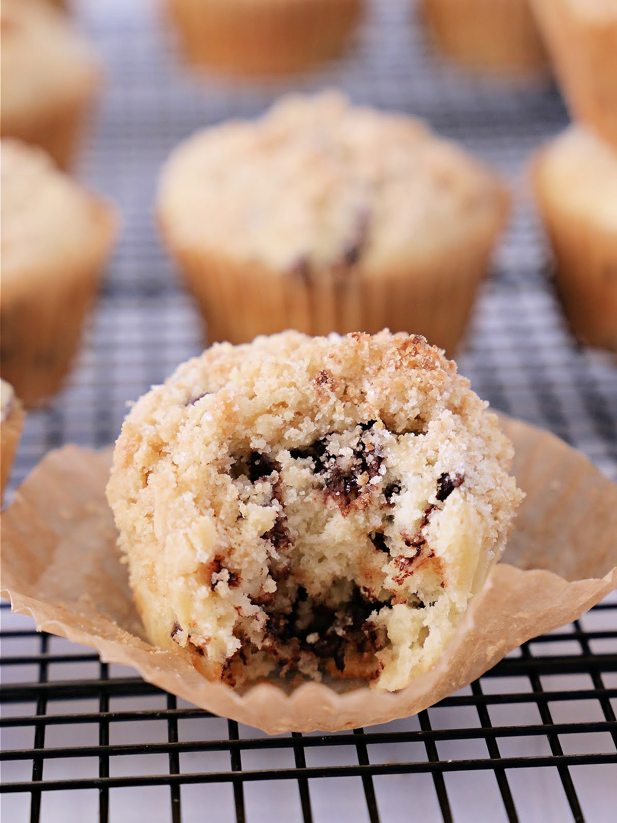 Chocolate chip muffin baked in a parchment paper muffin cup.