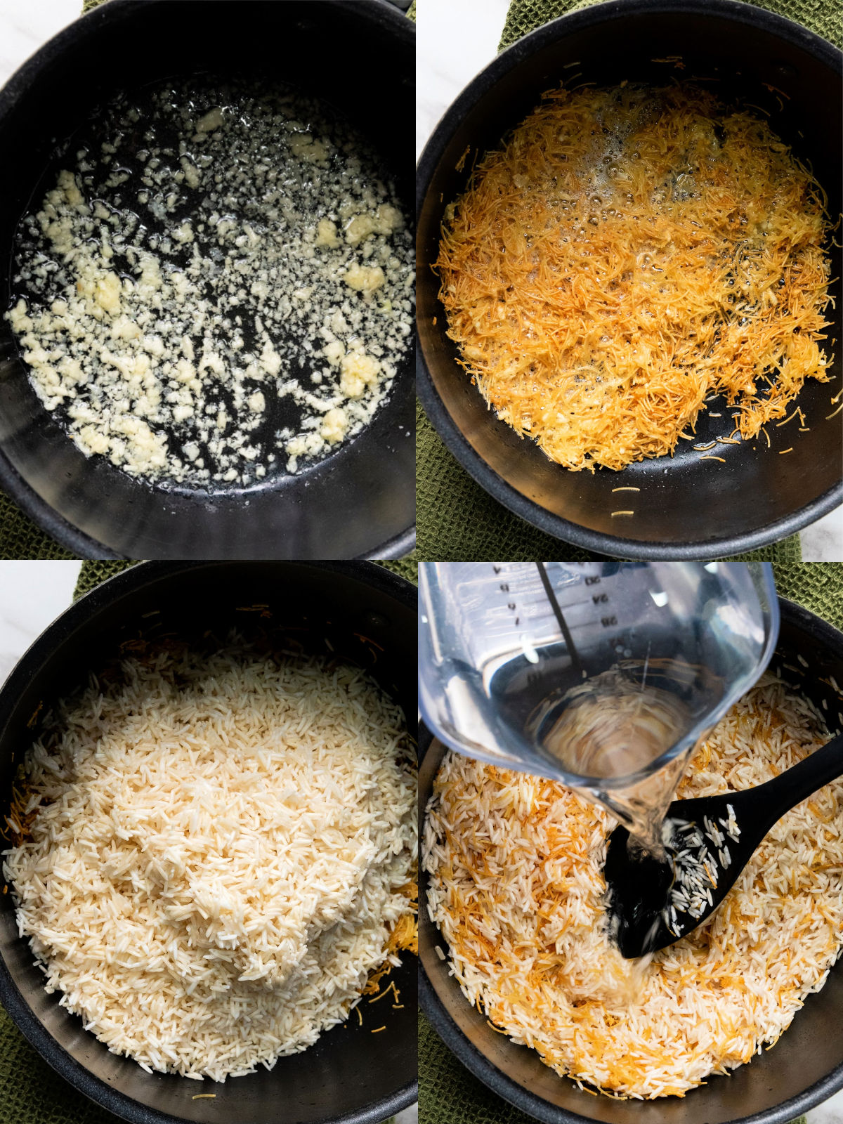 Steps showing how to cook garlic rice.