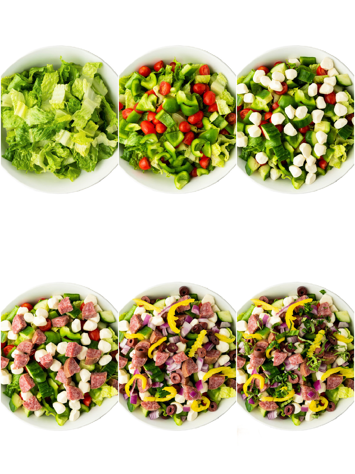 Steps showing how to make an Italian chopped salad.