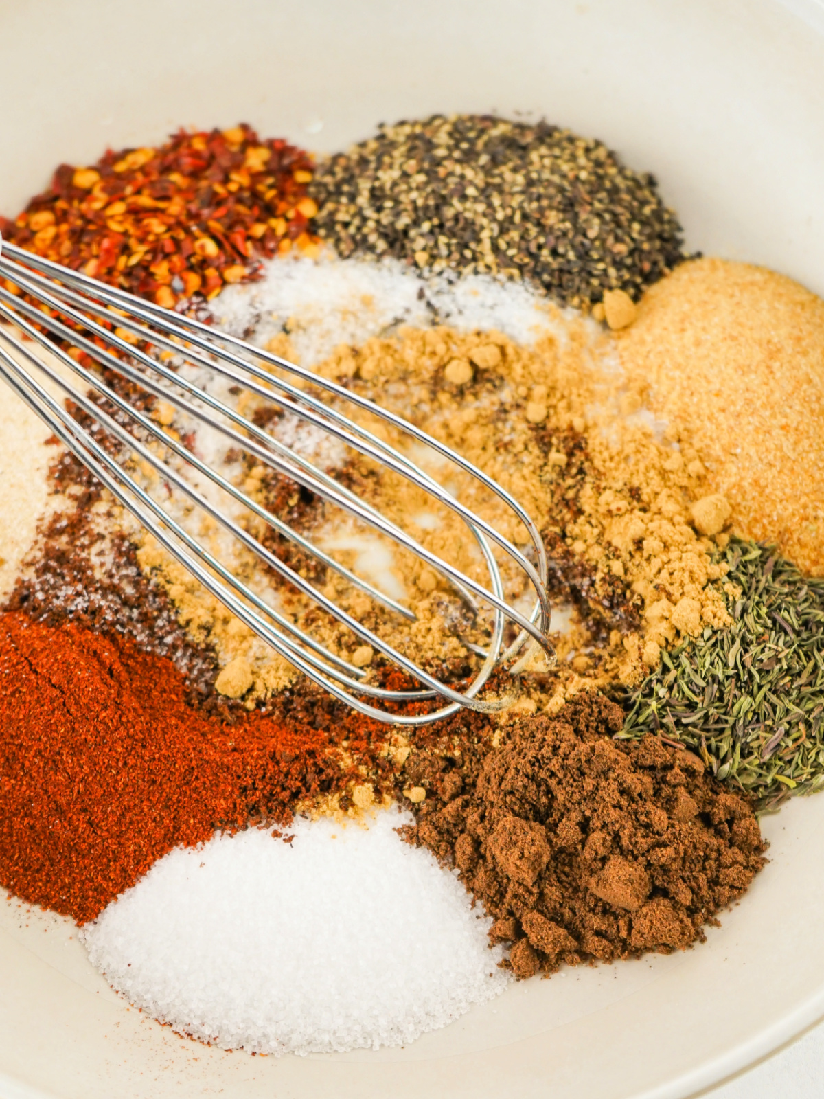 Spices being whisked together in a mixing bowl.