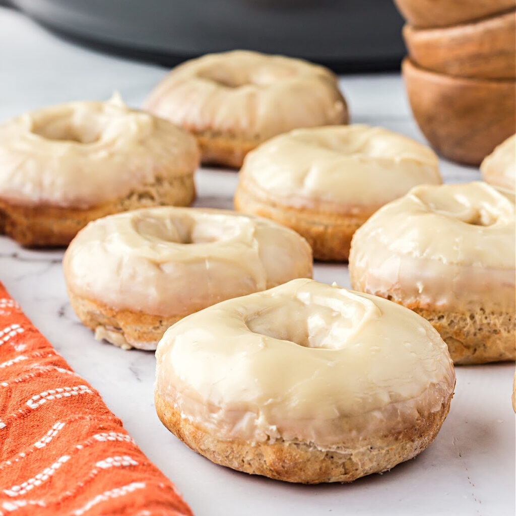 Air fried donuts covered with maple icing.