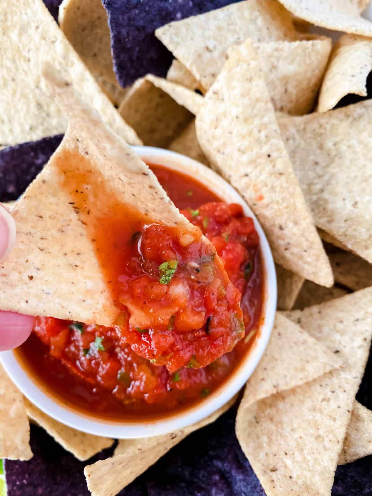 Tortilla chip getting a scoop of salsa.