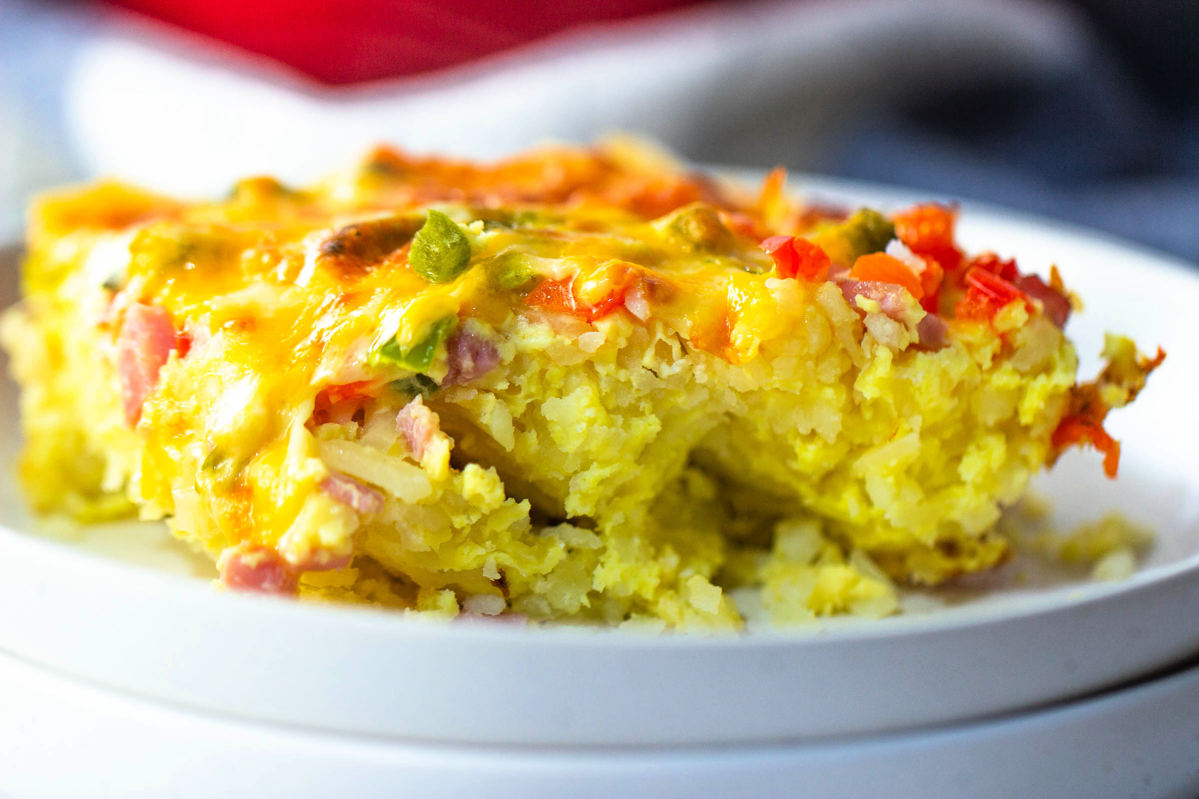 A slice of breakfast casserole.