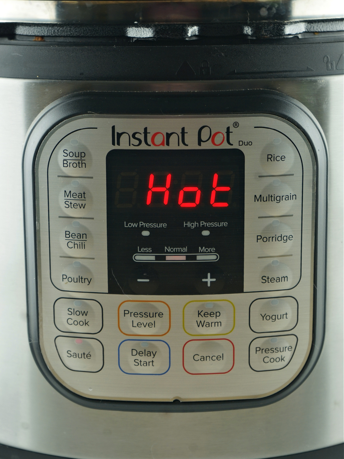 Instant Pot with the temperature reading "Hot."