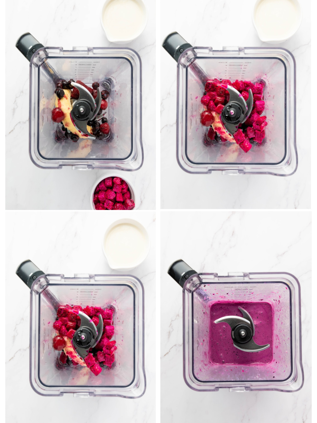 Process of blending fruit in a blender.